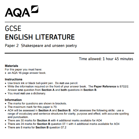 June 2022 Paper 2: Shakespeare and unseen poetry (QP)