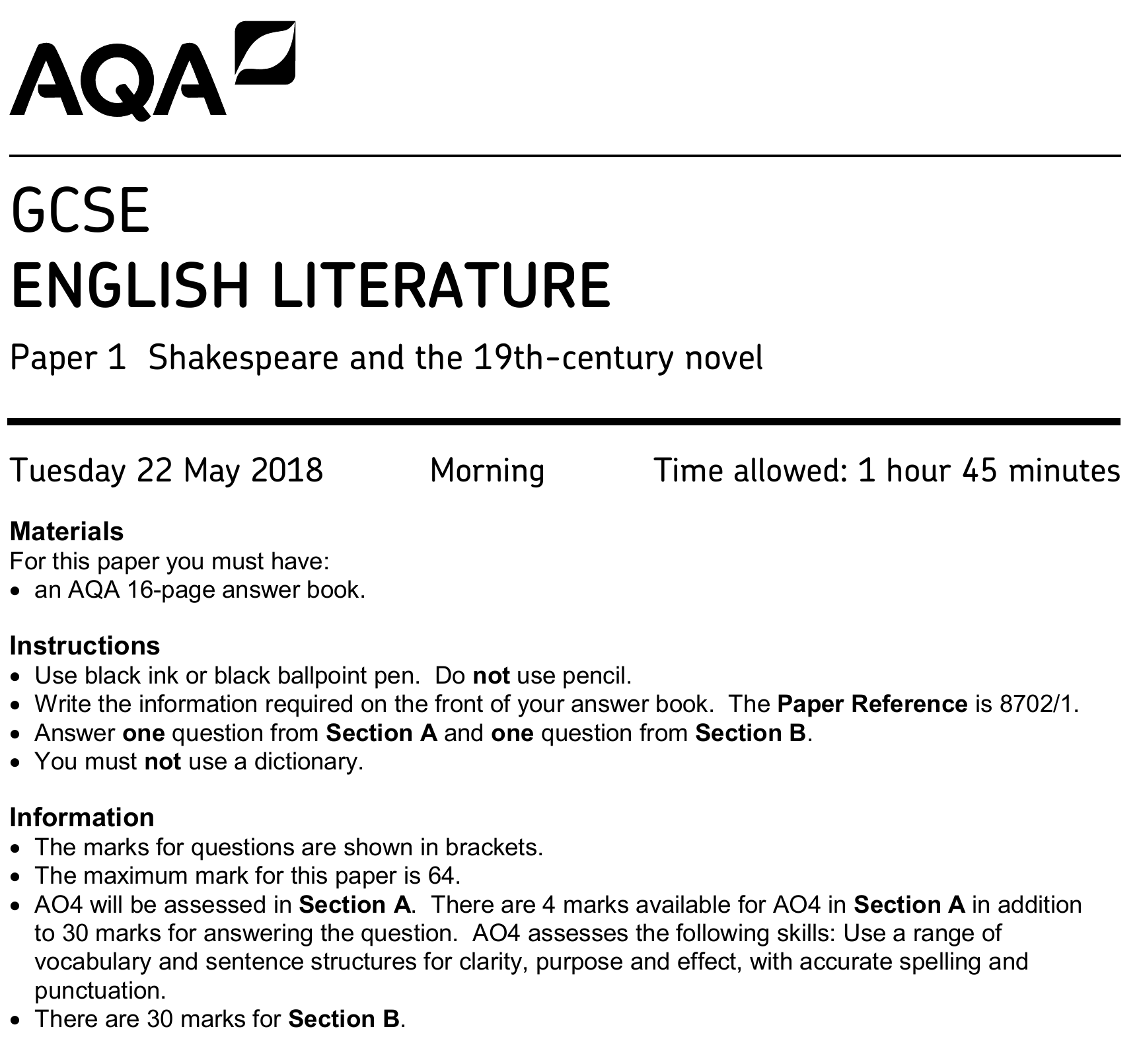 June 2018 Paper 1: Shakespeare and the 19th-century novel (QP)