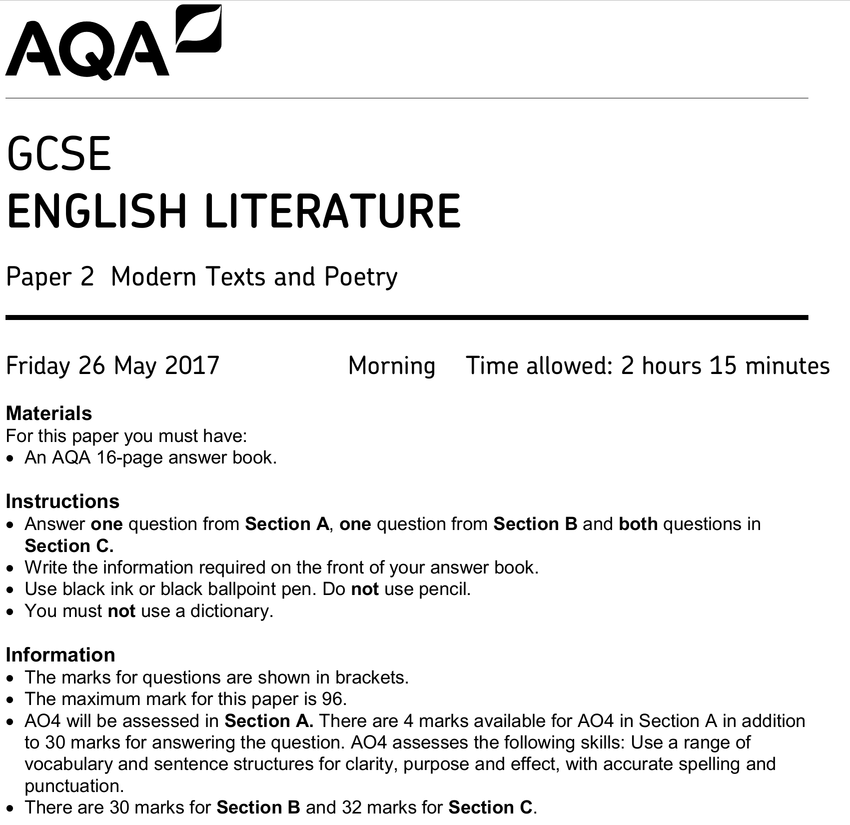 June 2017 Paper 2: Modern texts and poetry (QP)