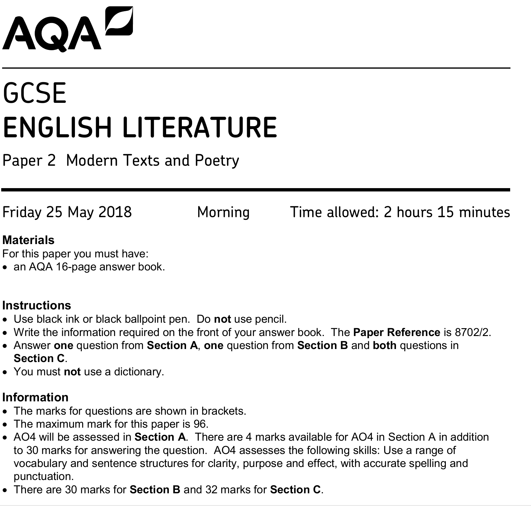 June 2018 Paper 2: Modern texts and poetry (QP)